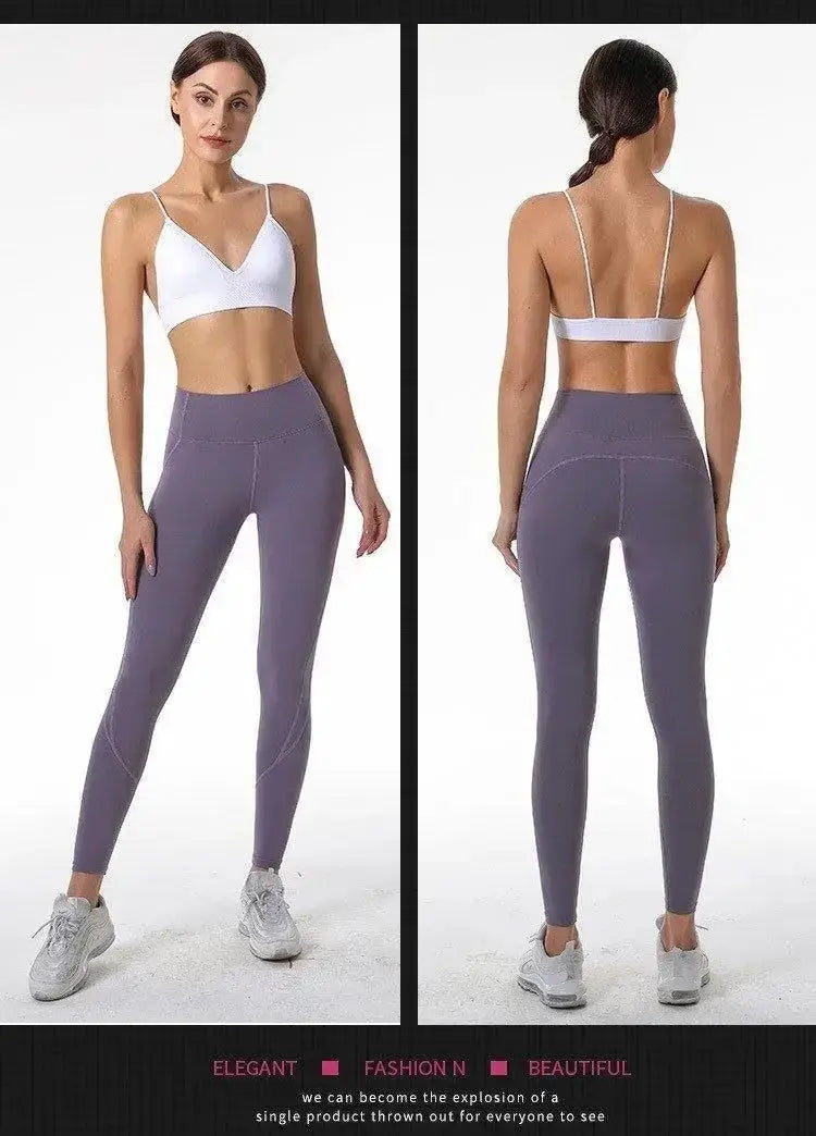 V-neck seamless triangle-cup bra camisole, white with thin straps; front and back views with purple leggings.