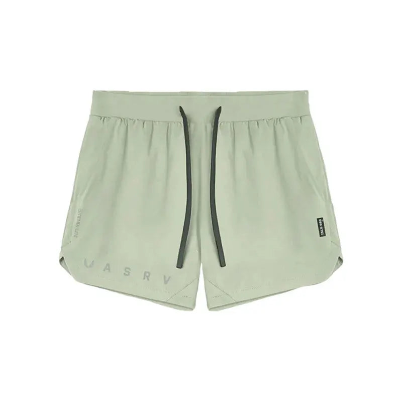 ASRV men's sage-green quick-dry basketball shorts with black drawstrings.