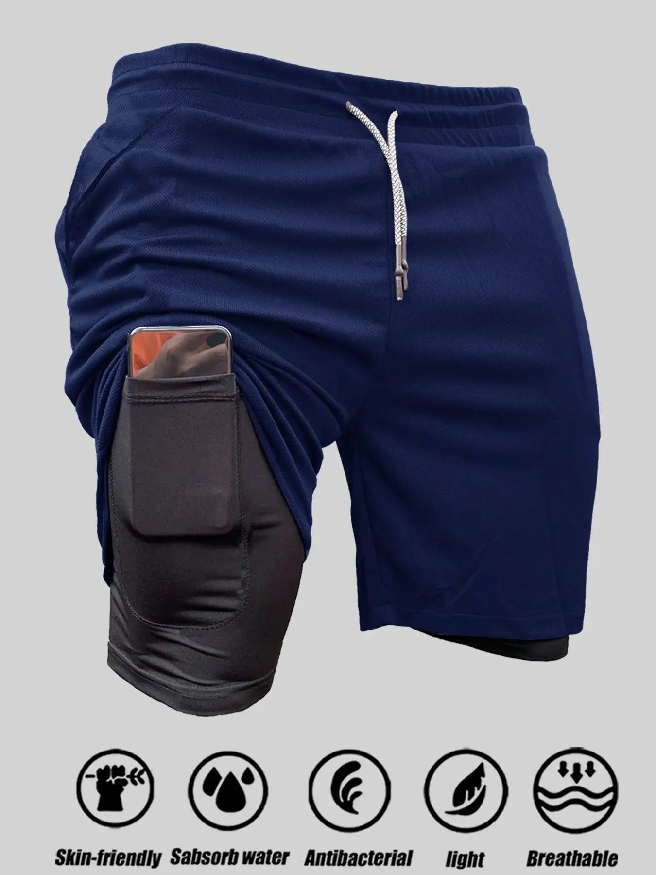 Men's 2-in-1 sports shorts navy with zip pocket, quick-dry breathable fabric