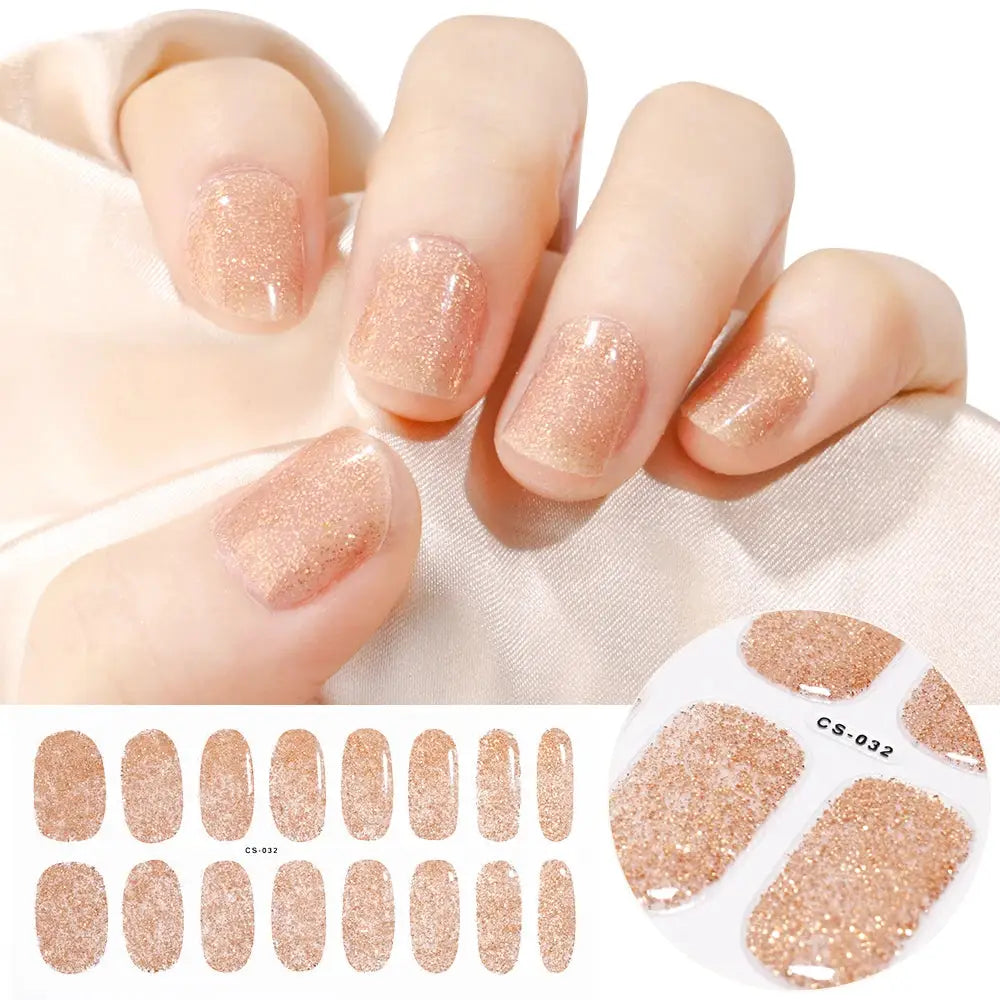 Simples Market semi-cured gel nail wraps; peach glitter adhesive full-cover decals for UV lamp manicure