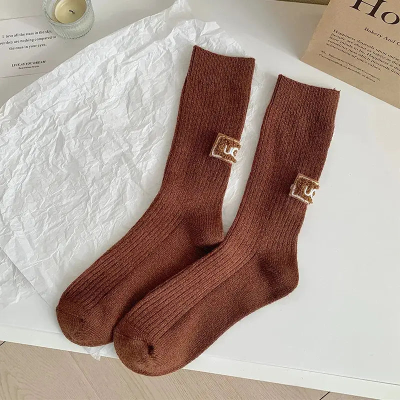 LuxWool Women Luxury Cashmere Wool Mid Calf Socks With Embroidered Logo For Snow Boots Thick Pile Warmth