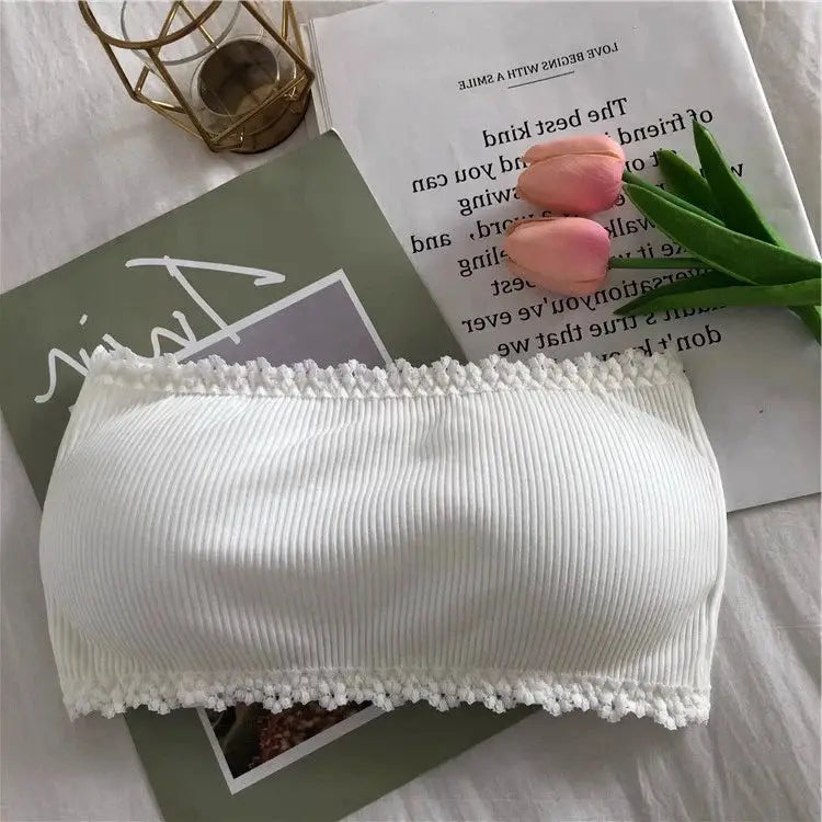 White lace-trim strapless bralette with ribbed fabric, seamless tube-top style.