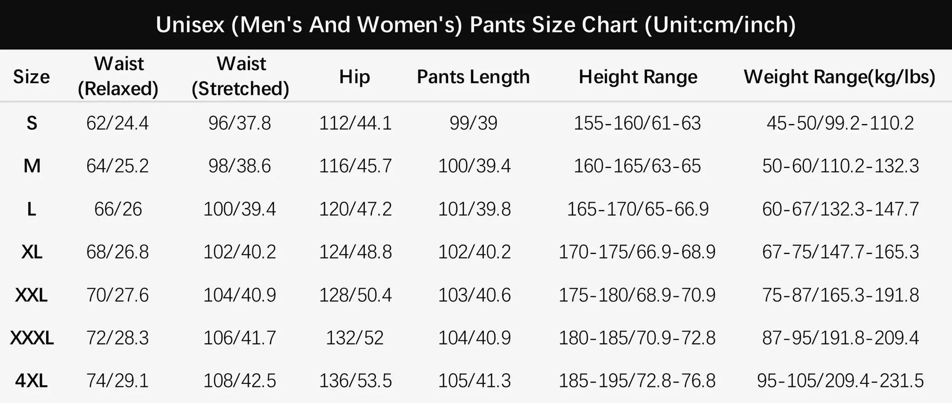 Unisex LNGXO hiking pants size chart by Simples Market; waterproof, quick-dry outdoor pants with waist/hip/length, S-4XL.
