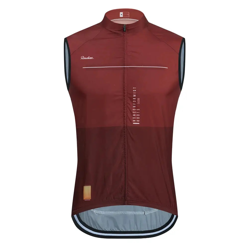 Raudax men's sleeveless cycling vest in maroon mesh with windproof design and white chest stripe