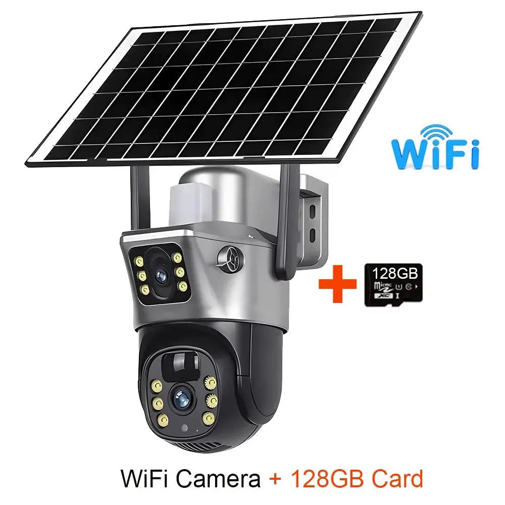 Solar-powered outdoor WiFi security camera with dual lenses and 128GB card