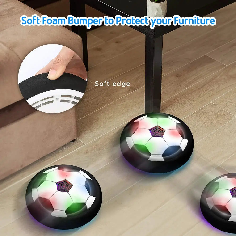 Hover soccer ball for kids with LED lights and music; soft bumper floating football toy for indoor/outdoor play, Retail.