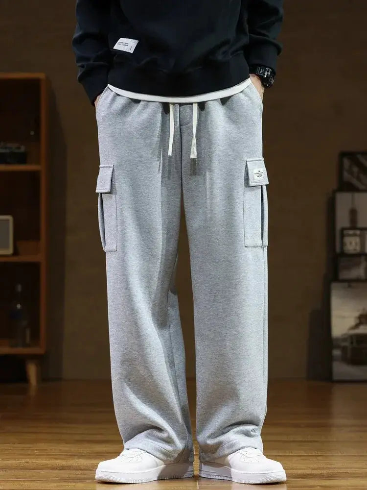 Men's grey cargo sweatpants with drawstring waist and multiple pockets, loose straight fit, by Simples Market, 8XL