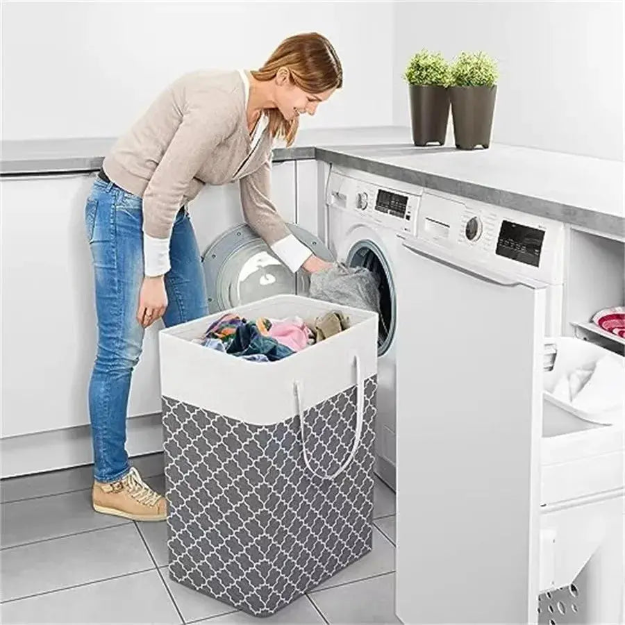 Laundry basket in gray waterproof fabric with handles and large capacity