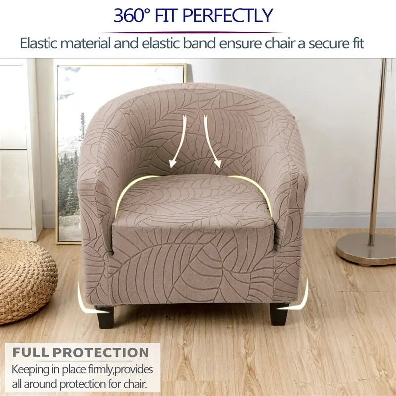 Elastic club chair cover in taupe leaves jacquard; Simples Market slipcover for single-arm living room chair.