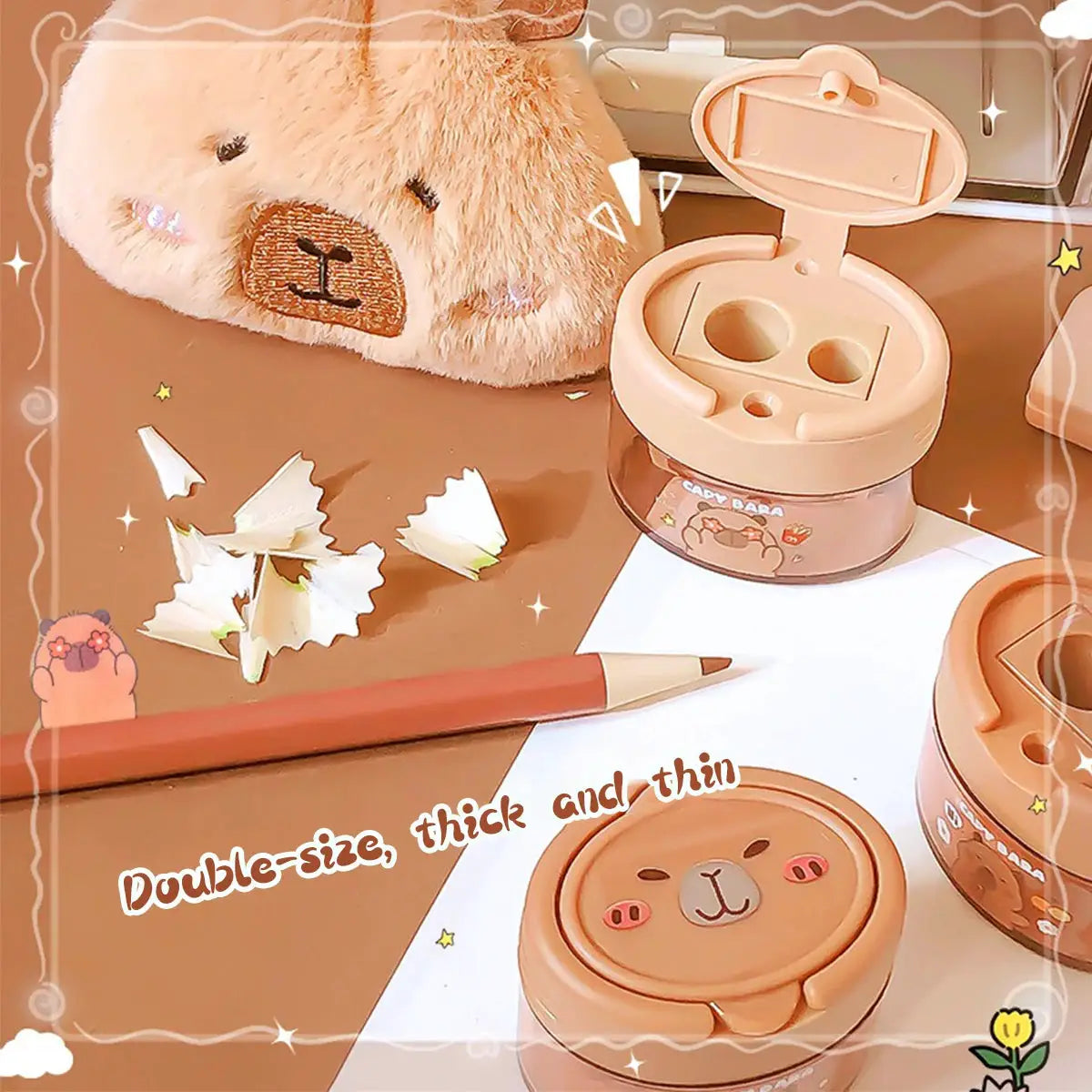 Capybara cartoon flip-top dual-hole pencil sharpener set; three peach-colored mini sharpeners by Simples Market