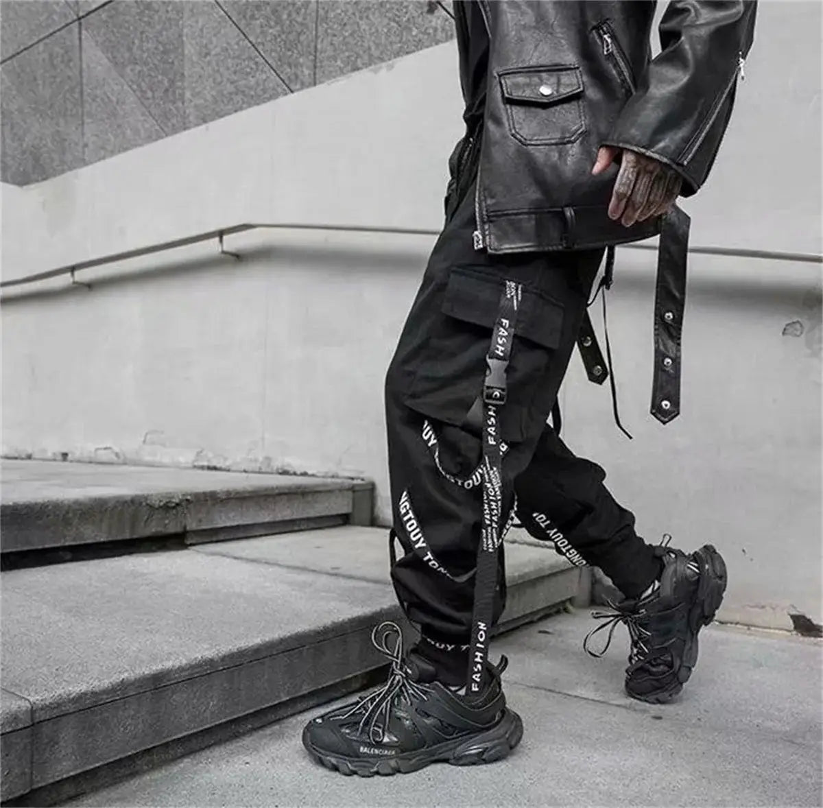 Black cargo pants for men with side pockets and ribbon straps, urban streetwear joggers by Simples Market