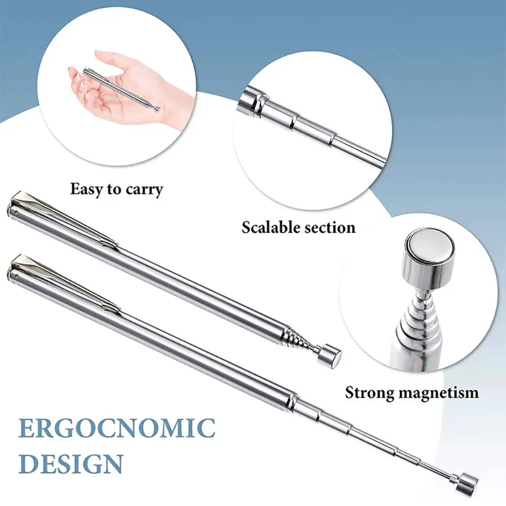 Extendable Magnetic Pickup Tool With Pen Clip Retractable Rod For Tight Spaces Portable Silver Hand Tool