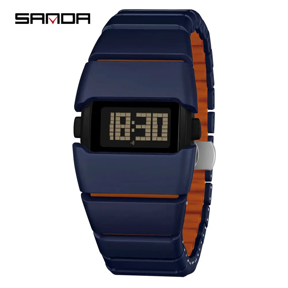 SAMDA 9504 Y2K retro digital watch with navy blue silicone band and orange inner lining; night-light display.