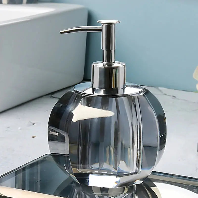 Glass lotion bottle with pump dispenser, clear crystal facets and chrome pump, Simples Market