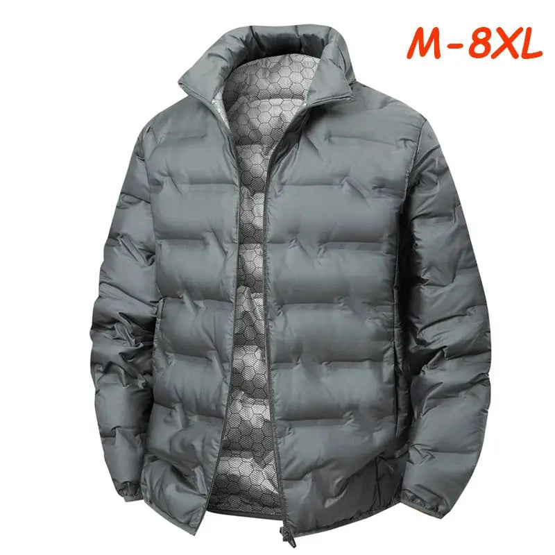 Men's Simples Market gray down puffer jacket with stand collar, size M-8XL