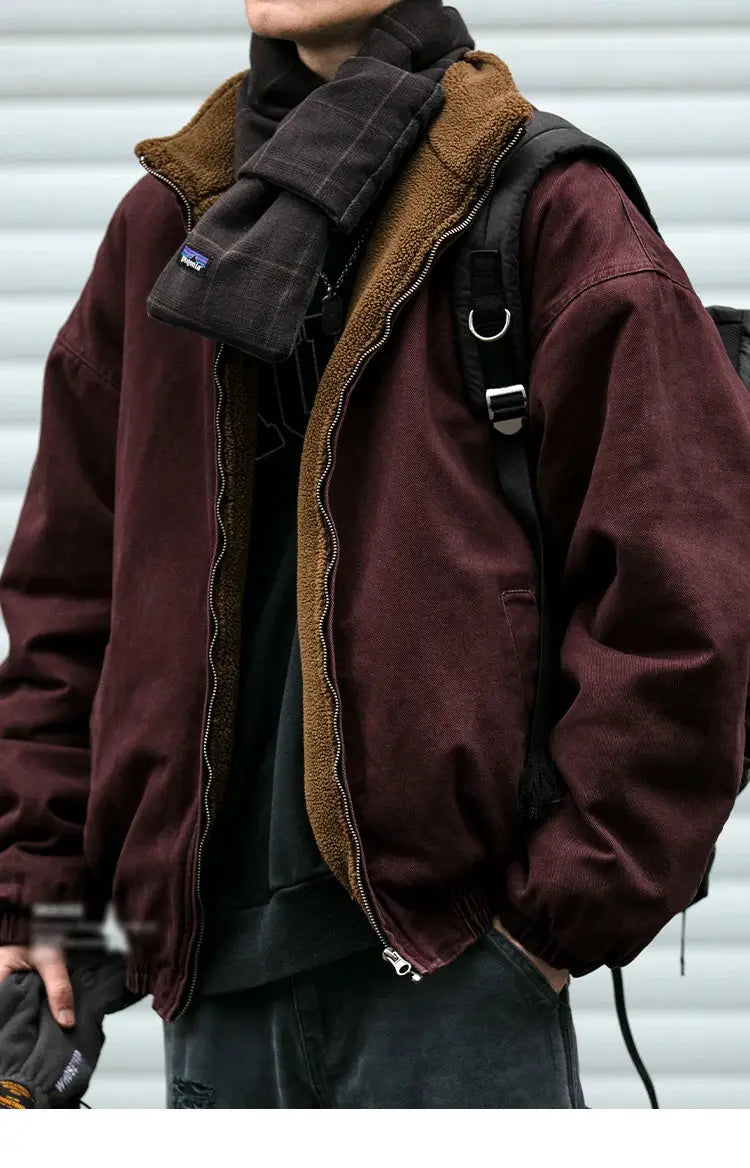 Simples Market men's polar fleece jacket in burgundy with brown sherpa lining, zip front.
