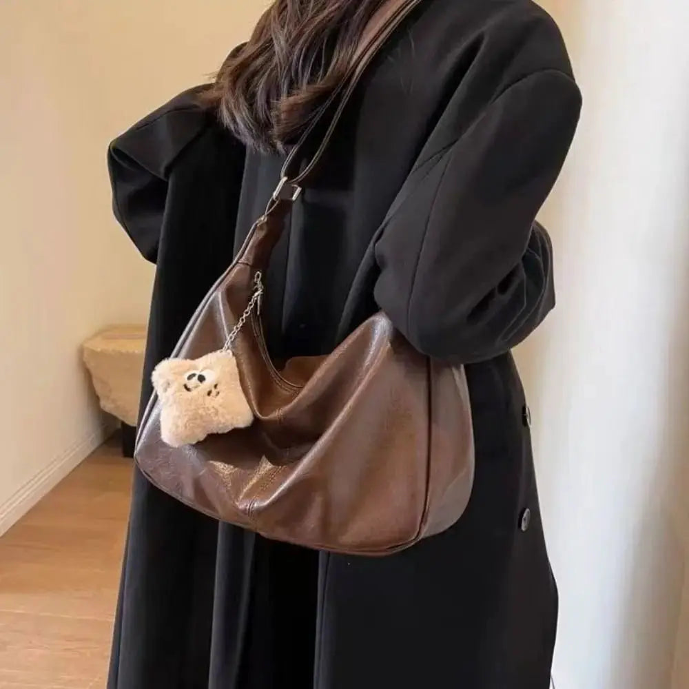 Slouchy shoulder bag, brown PU leather, large capacity, with plush keychain charm