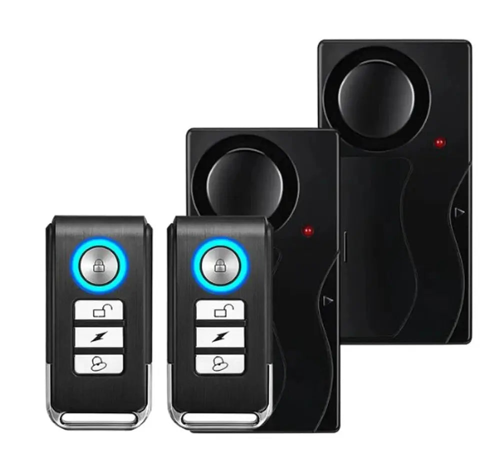 Simples Market wireless vibration anti-theft alarm kit with remote fobs; two black door/window sensors and two remotes.