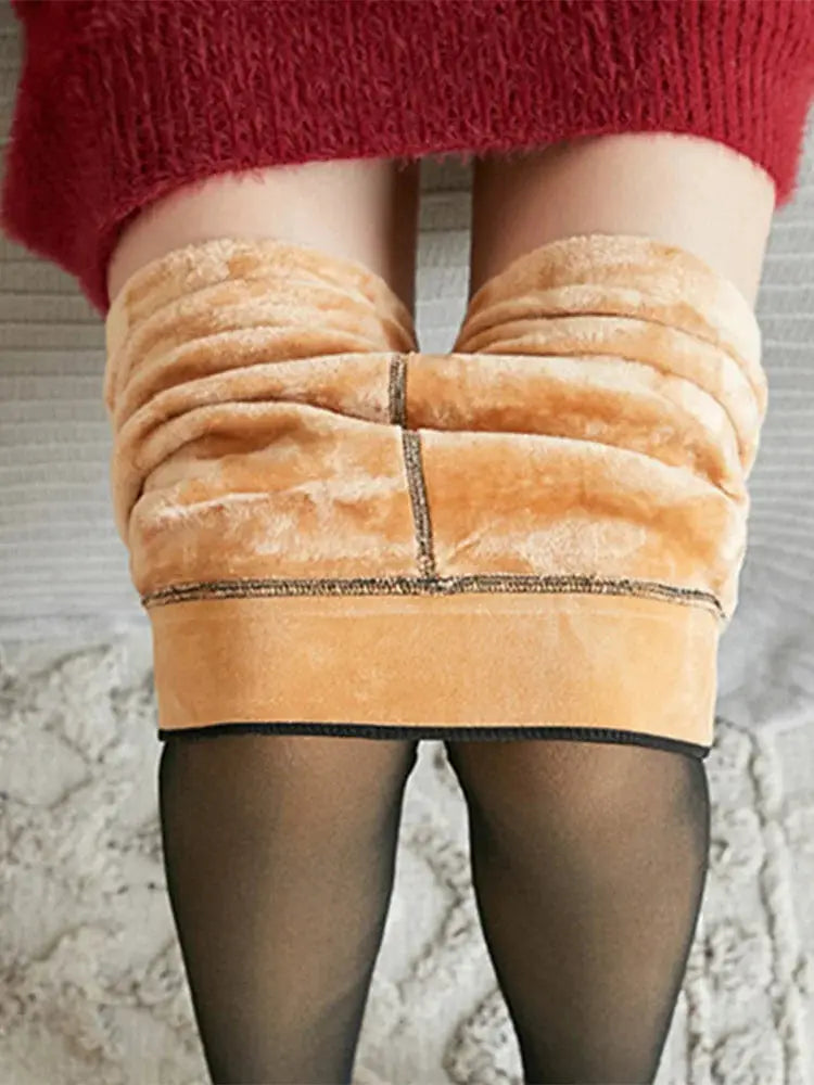 Simples Market fleece thermal leggings with plush tan thigh cuff over black sheer pantyhose