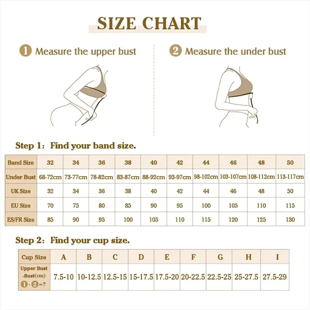 Sheroine Plus Size Underwire Bra size chart by Simples Market showing band and cup tables.