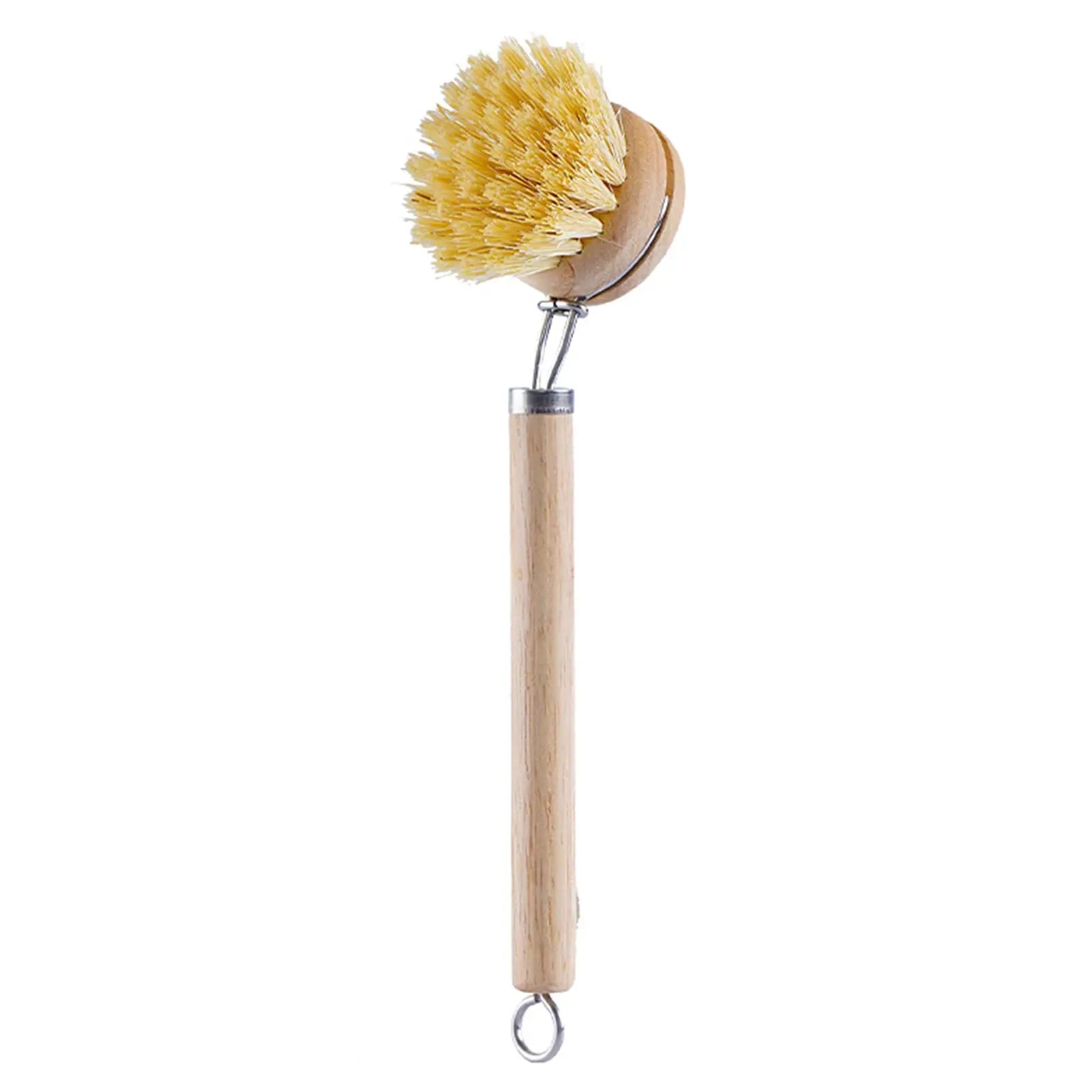 Replaceable dish brush with wooden handle and round yellow bristle head, Simples Market