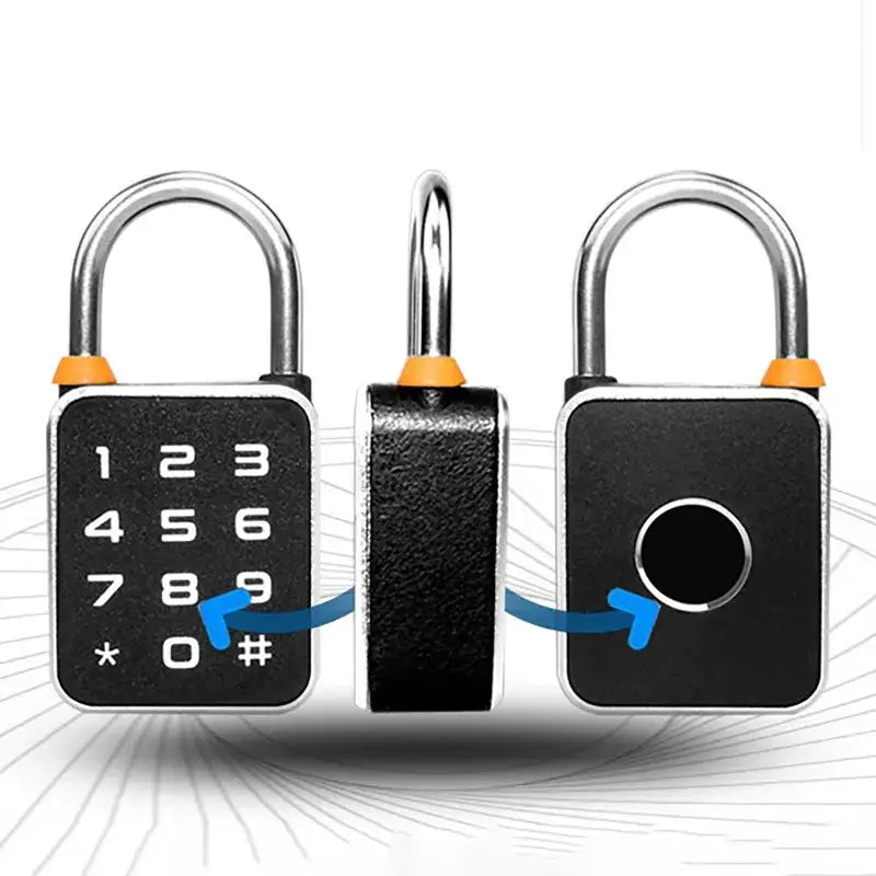 3-in-1 mini smart padlock with keypad and fingerprint; USB charging, Tuya app support, Simples Market black.
