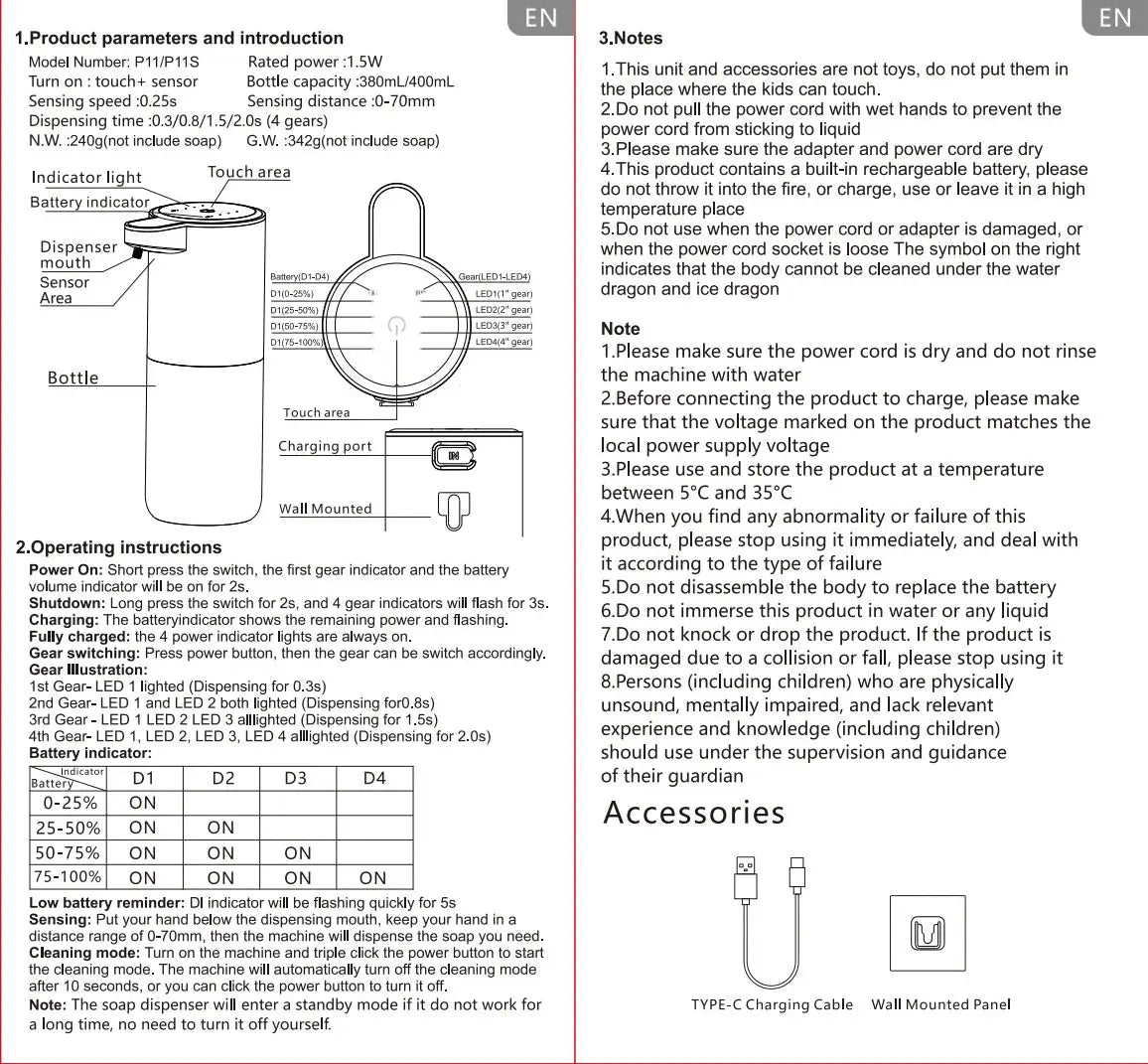 Simples Market automatic liquid soap dispenser diagram with touchless infrared sensor and USB-C charging accessories