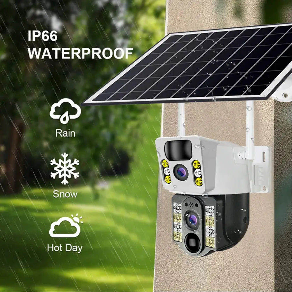 Simples Market 8MP 4K wireless solar outdoor camera with dual lens and PIR night vision, IP66 waterproof