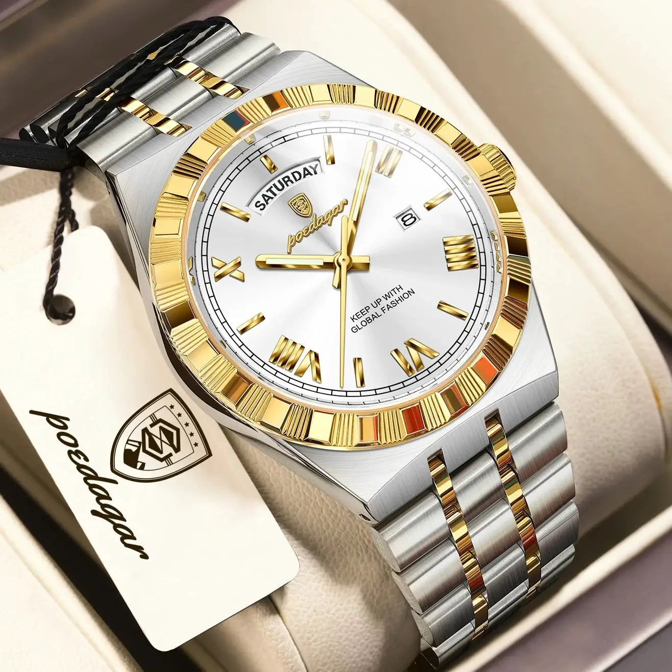 POEDAGAR two-tone stainless steel men's watch with gold bezel, white dial, date window, and luminous hands