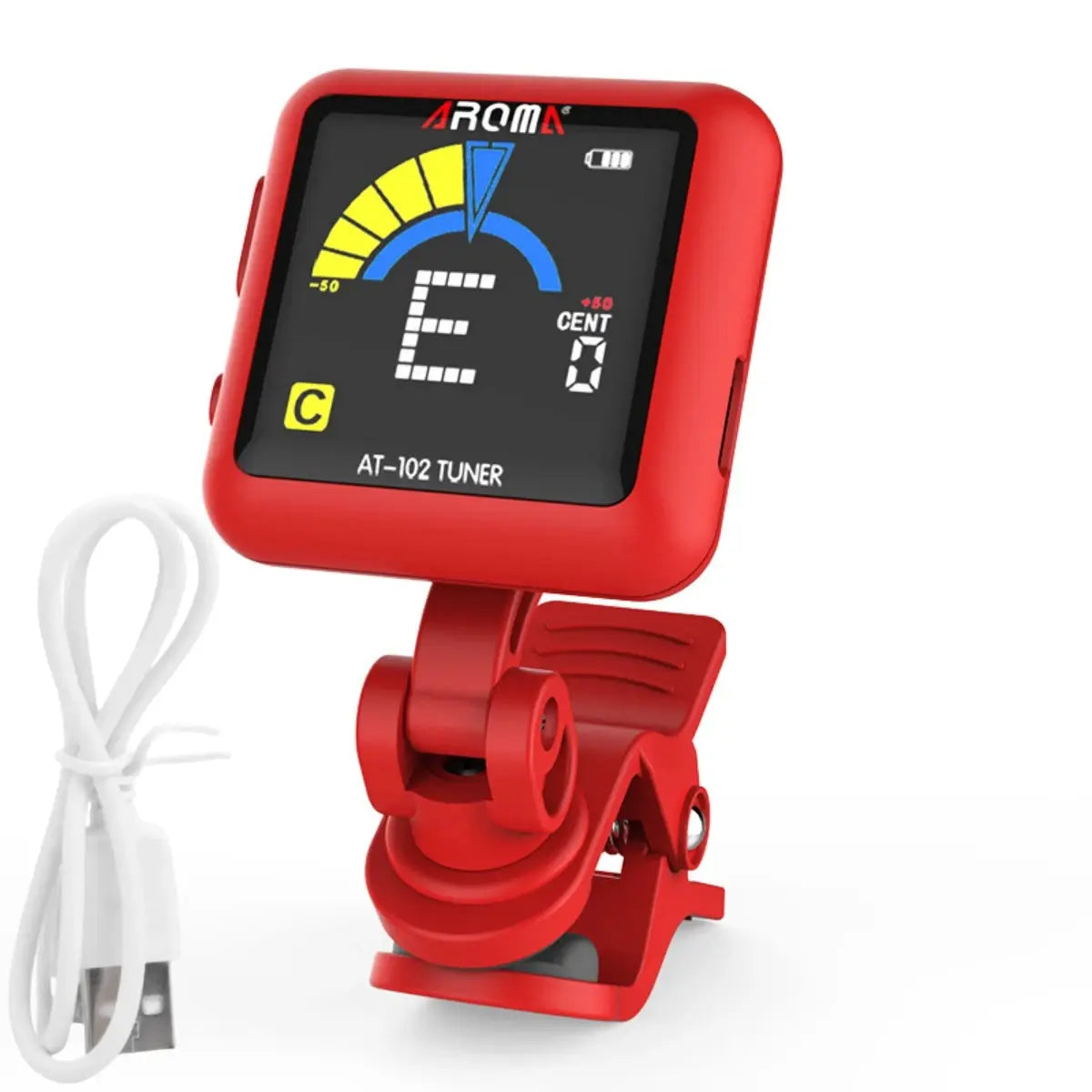 AROMA AT102 Rechargeable Tuner Clip On For Guitar Bass Ukulele Violin Large 360 Degree LCD Display And Built In Battery