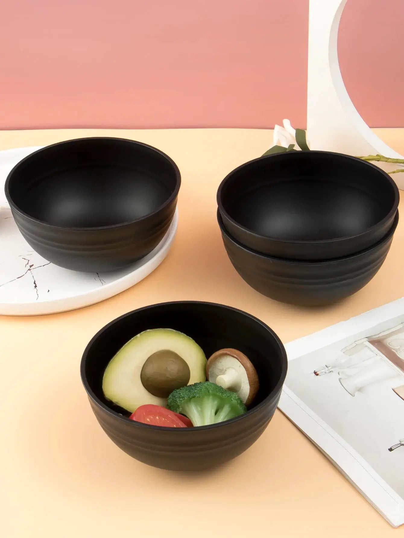 Black Grain Bowls Set 4 6 8 Pcs Reusable Plastic Dinner Bowls For Food Desserts Grains Outdoor Camping