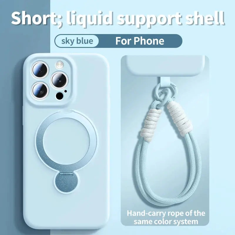 Simples Market sky-blue magnetic silicone iPhone case with ring grip and included lanyard for MagSafe charging