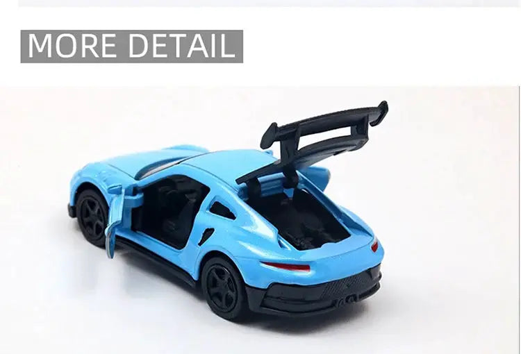 Drift car toy model in blue with open doors and rear spoiler