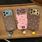 Phone cases 3 by Simples Market in blue, pink, brown plaid leather with star pendants; shockproof for iPhone 11–17 Pro