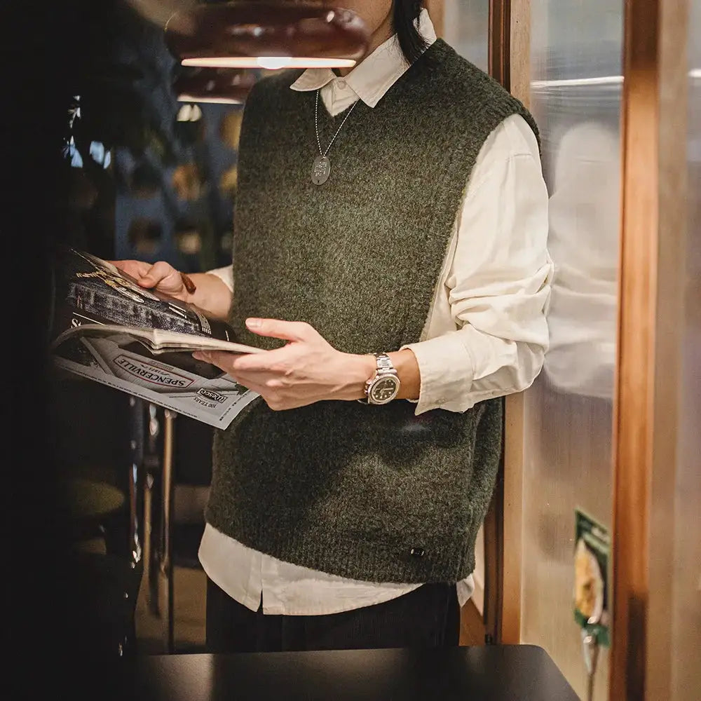Maden retro wool-blend knitted V-neck vest by Simples Market, dark olive green men's sleeveless layering waistcoat.