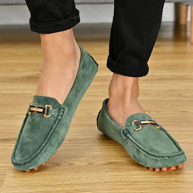 YRZL men's green suede loafers with gold horsebit detail, slip-on moccasin style - 2 shown