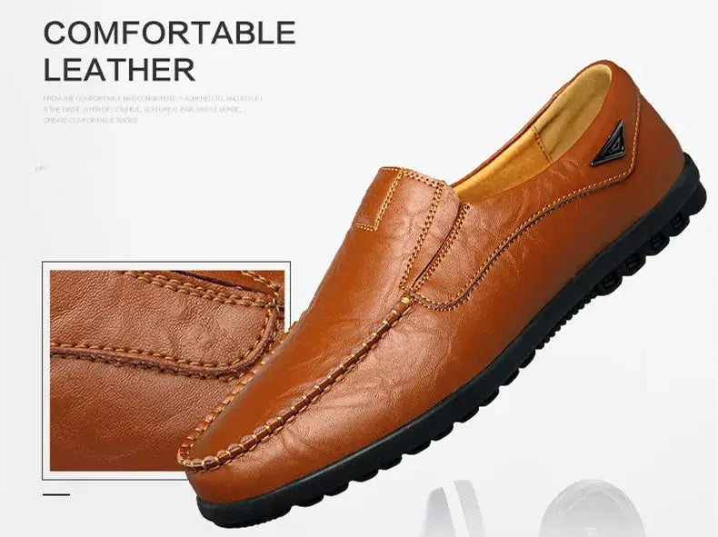 Genuine leather men's loafers, brown slip-on moccasins with black sole.