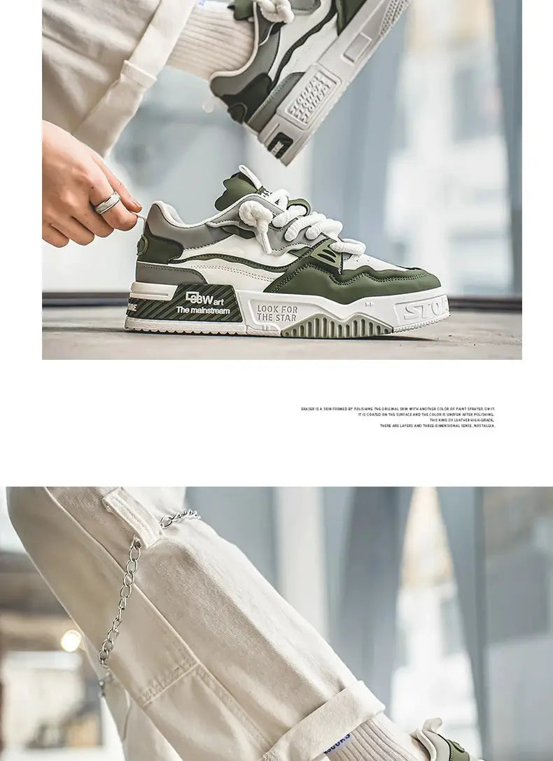Simples Market men's trendy skate shoes, white and olive green sneakers with a chunky sole and lace-up front