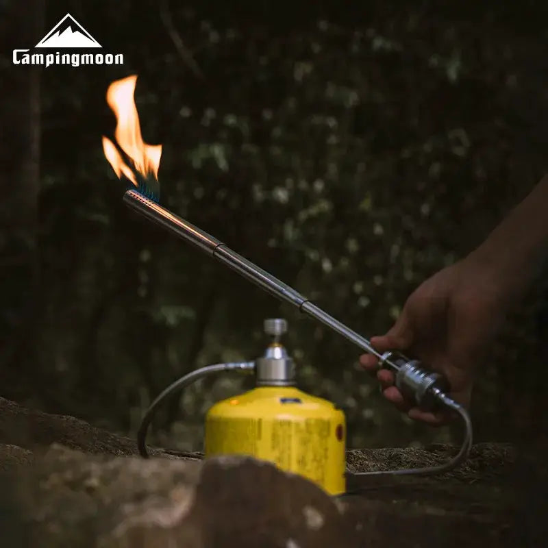Campingmoon XD-6-NE torch spray gun for outdoor use; stainless steel, with yellow fuel canister, Campingmoon logo