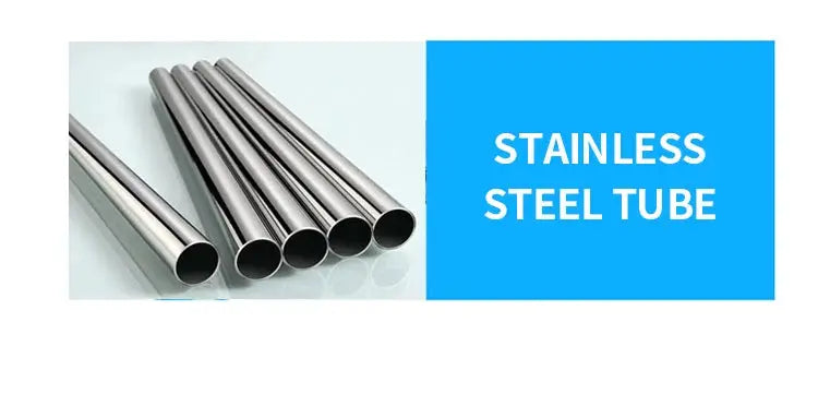 Five stainless steel tubes displayed on a white surface beside a blue panel reading Stainless Steel Tube