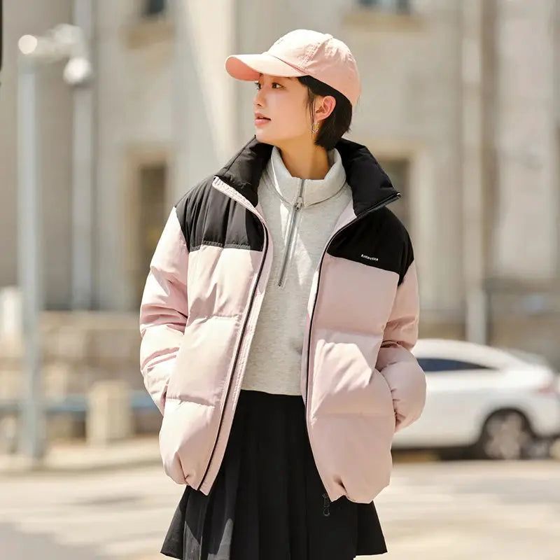 Semir down jacket in pink with black yoke, unisex puffer coat by Simples Market