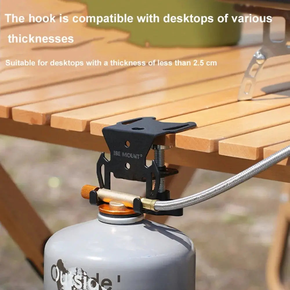 Hang Gas Canister Hook; black metal camping stove tank hanger with hanging plate
