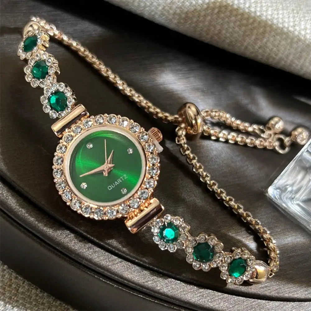 Fashion rhinestone women's watch with emerald green dial and crystal-embellished gold-tone bracelet