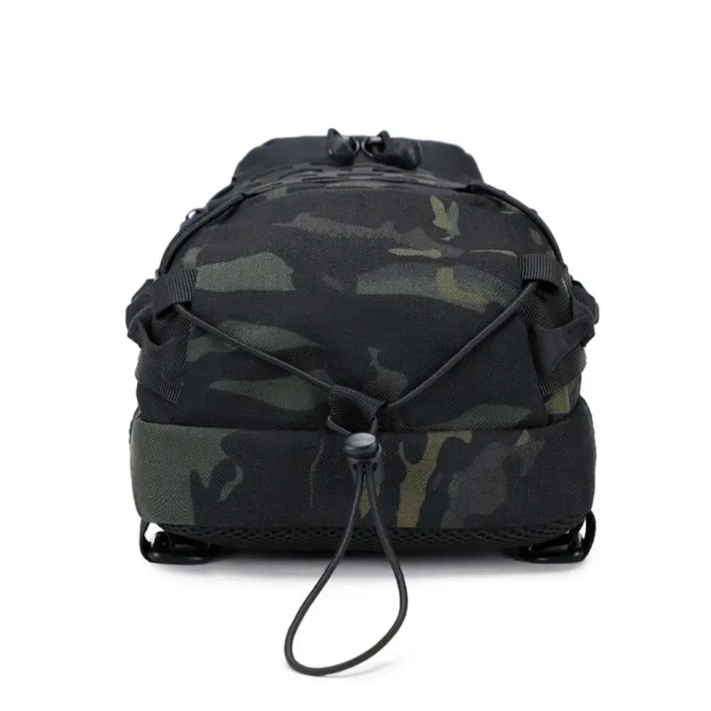 Camouflage tactical backpack with front bungee cord and side straps, compact everyday carry bag