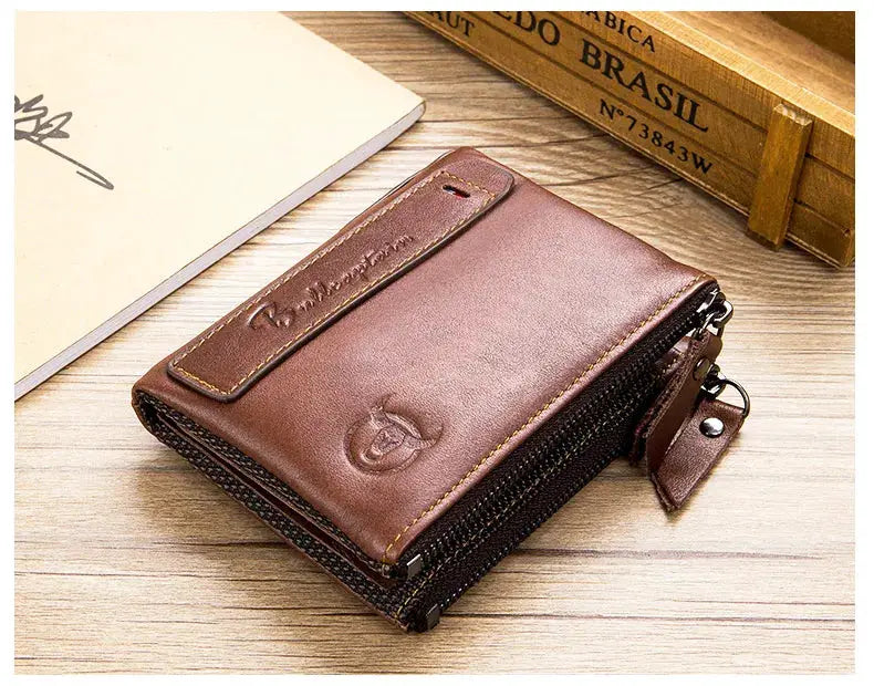 BullCaptain retro brown leather men's wallet with zipper, card slots and coin pocket; RFID