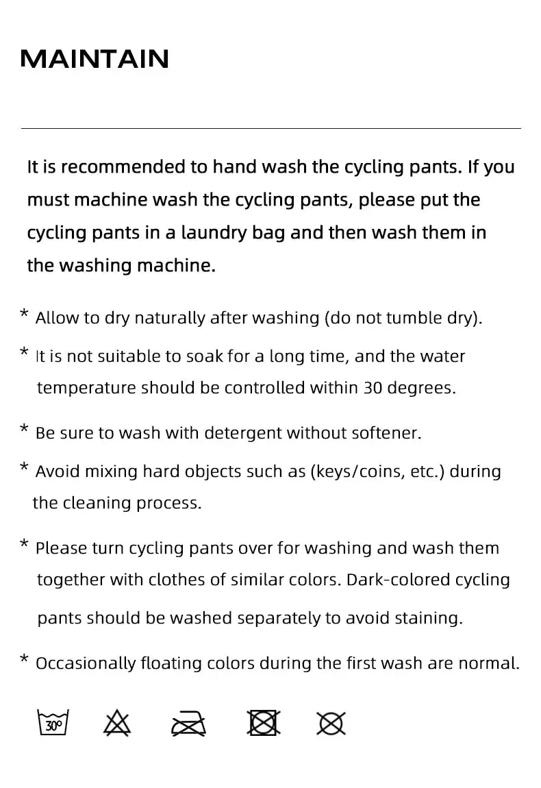 Cycling shorts care instructions page with hand-wash guidance and care icons.