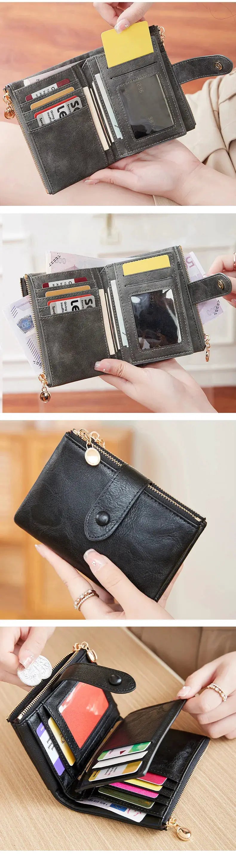 Simples Market minimalist black leather wallet with three layers, double zipper, card slots, and ID window.