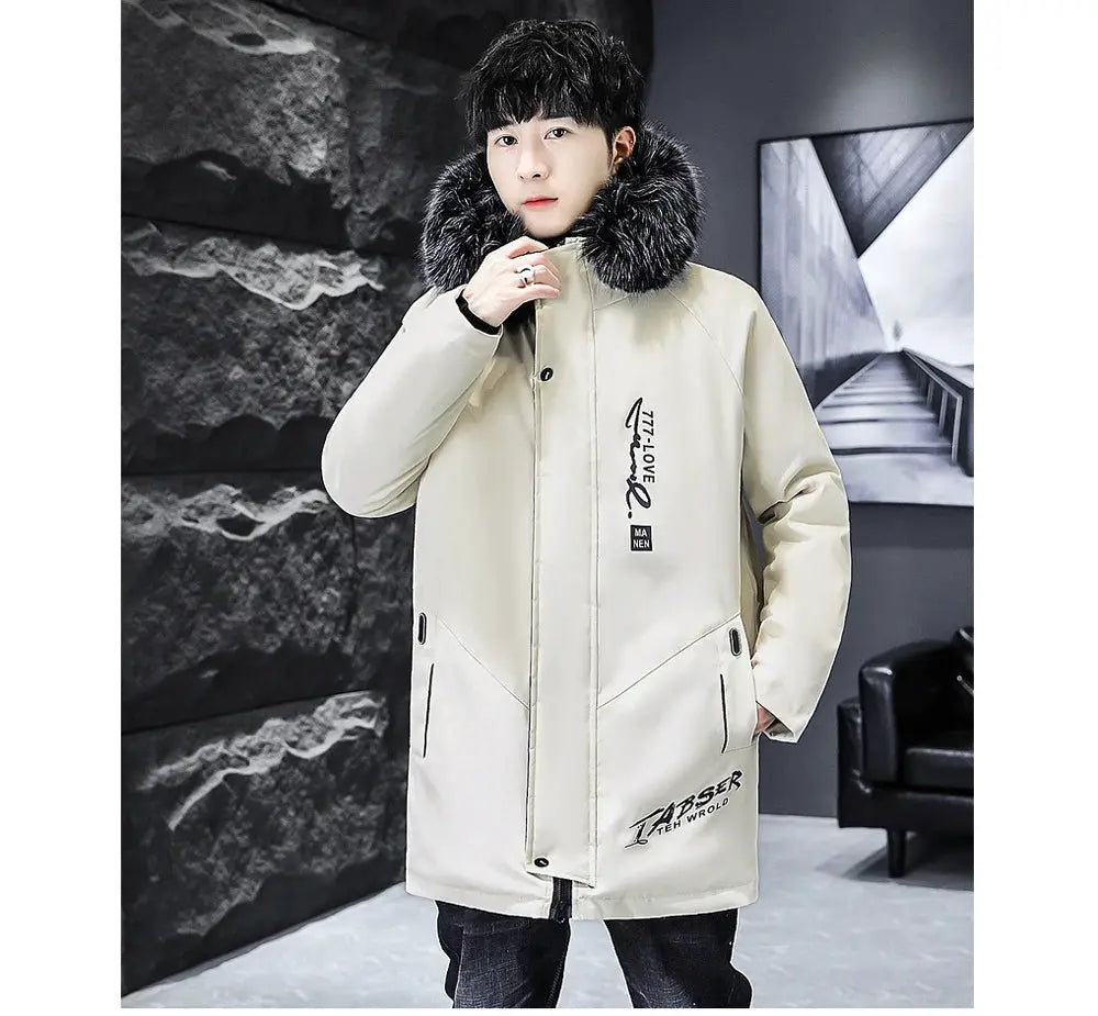 Cream winter men's long down jacket with a fur-trimmed collar, padded parka with front zip pockets