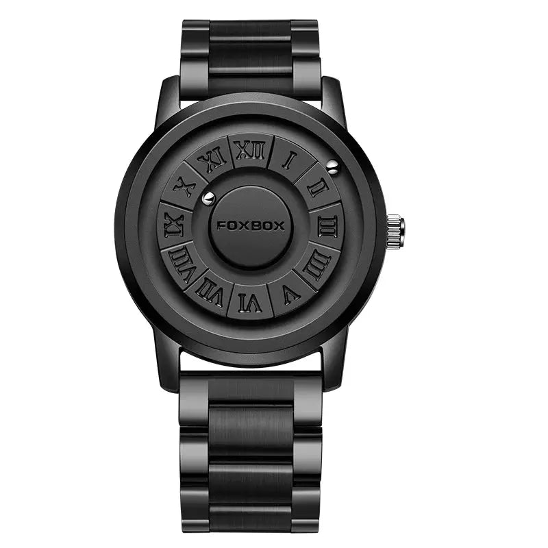 FOXBOX watch by Simples Market, black stainless steel men's quartz wristwatch with Roman numeral dial ring