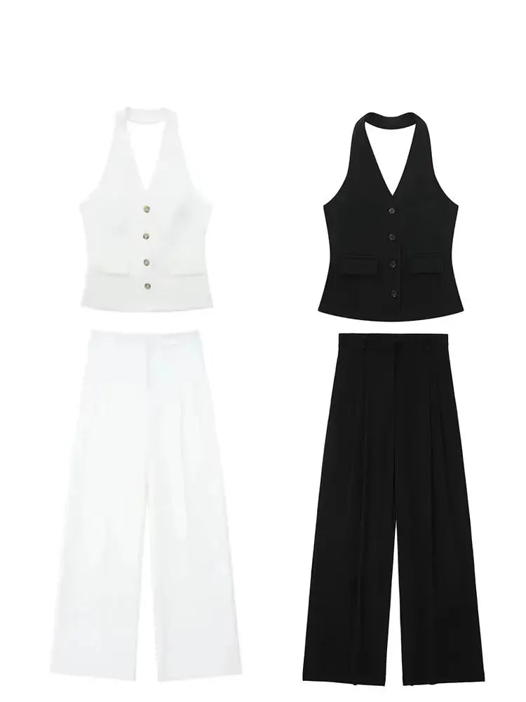 HH Women Pant Suit Set Halter Vest Blazer Top Zipper Pants Office Lady